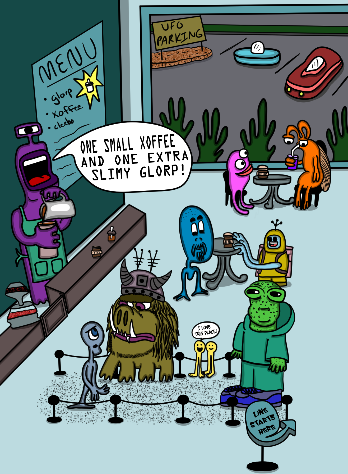 One of Rocco's digital illustrations of a cafÄĹ&nbsp; in space. A passionate 
artist, he has been transforming his sketchbook drawings into digital 
creations over the past few years.